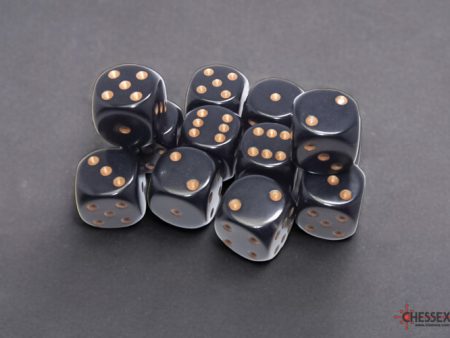 Chessex Opaque Black gold 16mm d6 Dice Block (12 dice) Cheap