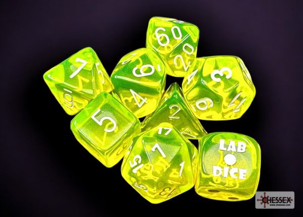 Chessex Translucent Neon Yellow white Polyhedral 7-Dice Set (with bonus die) Cheap