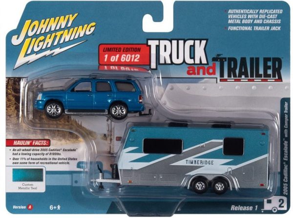 Johnny Lightning 2005 Cadillac Escalade Blue with Camper Trailer 2021 Release 1A - 1:64 Diecast Online Sale