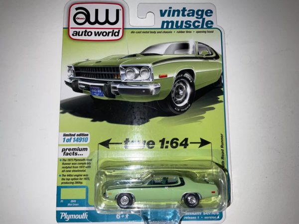 Auto World 1973 Plymouth Road Runner Mist Green Premium 2021 Release 1A 1:64 Diecast For Sale