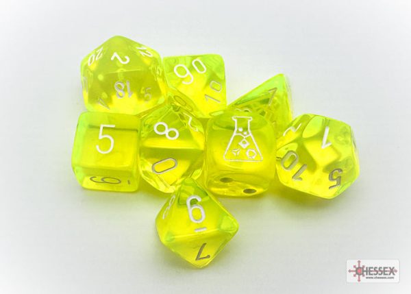 Chessex Translucent Neon Yellow white Polyhedral 7-Dice Set (with bonus die) Cheap