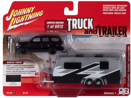 Johnny Lightning 2005 Cadillac Escalade Black with Camper Trailer 2021 Release 1B - 1:64 Diecast on Sale