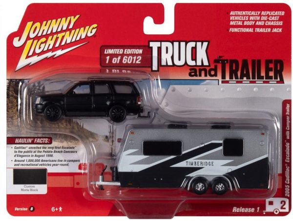 Johnny Lightning 2005 Cadillac Escalade Black with Camper Trailer 2021 Release 1B - 1:64 Diecast on Sale