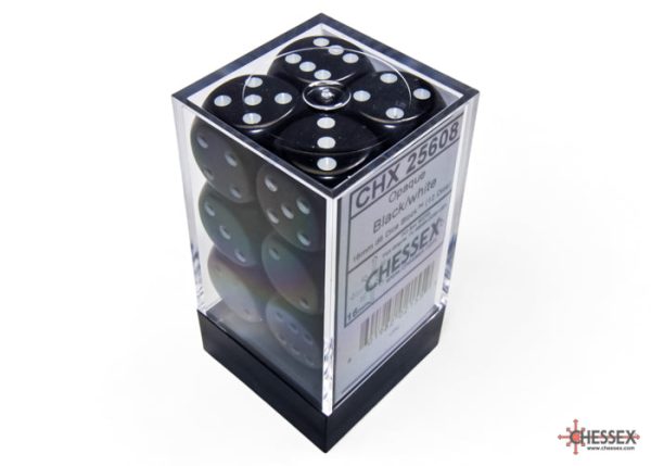 Chessex Opaque Black white 16mm d6 Dice Block (12 dice) For Sale