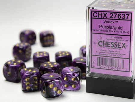 Chessex Vortex Purple gold 16mm d6 Dice Block (12 dice) Supply