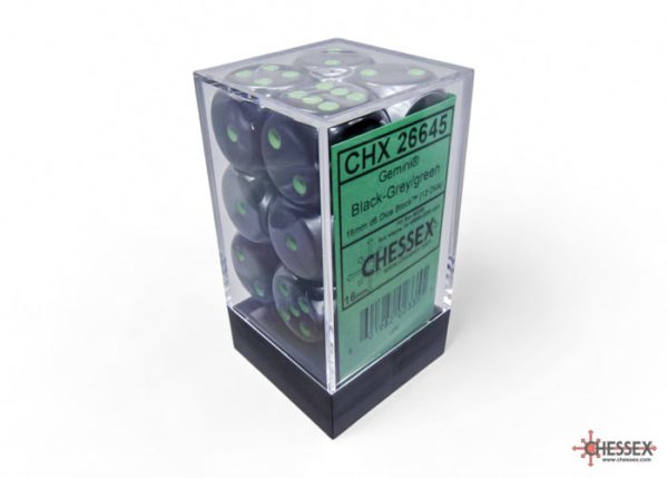 Chessex Gemini Black-Grey green 16mm d6 Dice Block (12 dice) Cheap