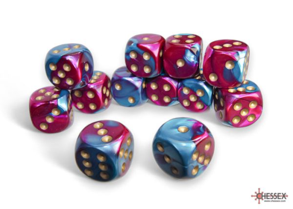 Chessex Gemini Purple-Teal gold 16mm d6 Dice Block (12 dice) Online